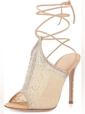 Le Chateau Crystal Beaded Nude Lace-Up Stiletto Sandal